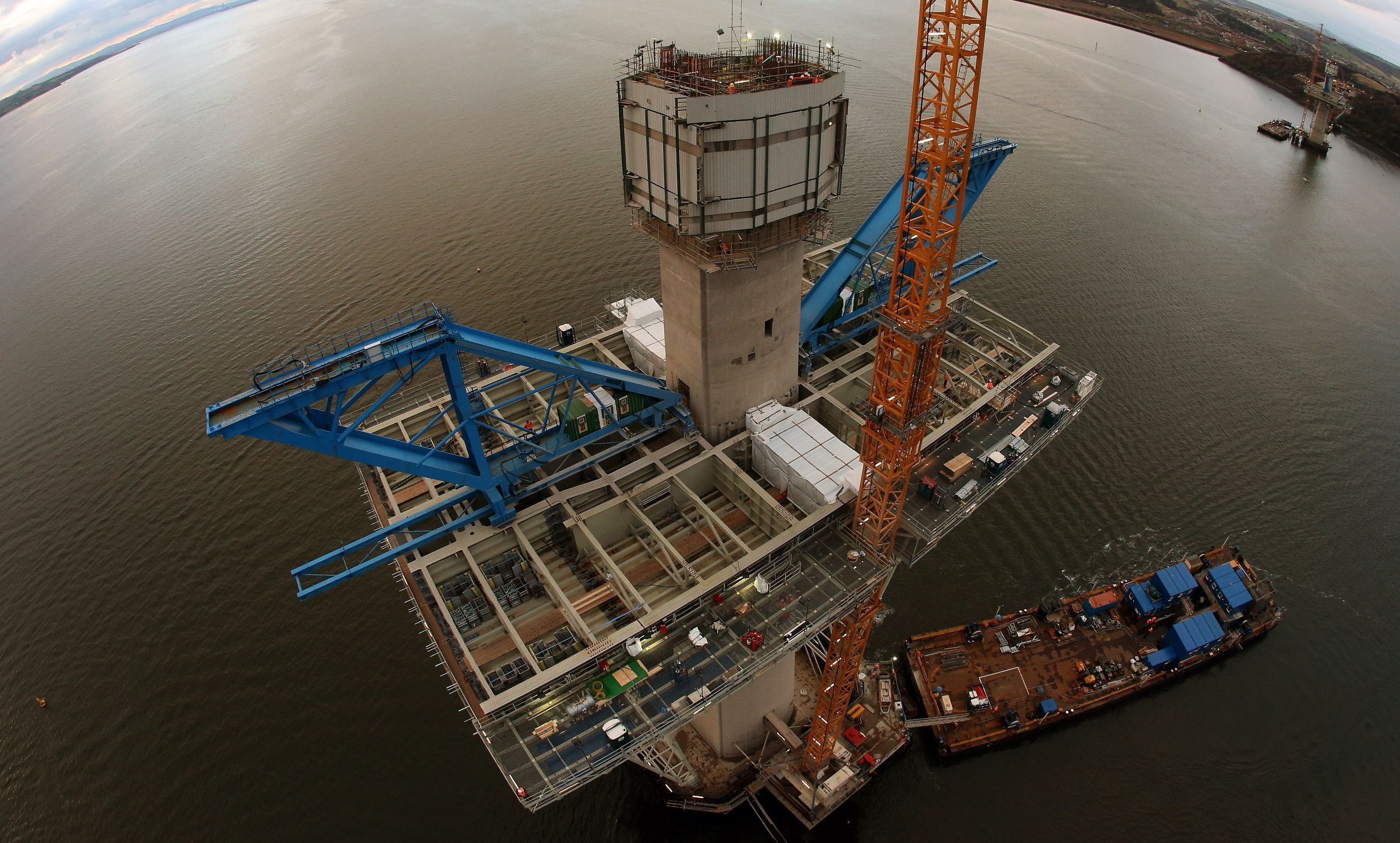 Construction crews working on the Queensferry Crossing's central tower on Beamer Rock in 2014.