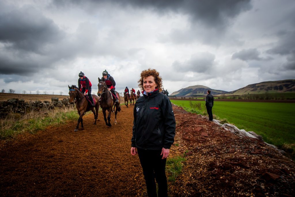 Lucinda Russell watching the training. 