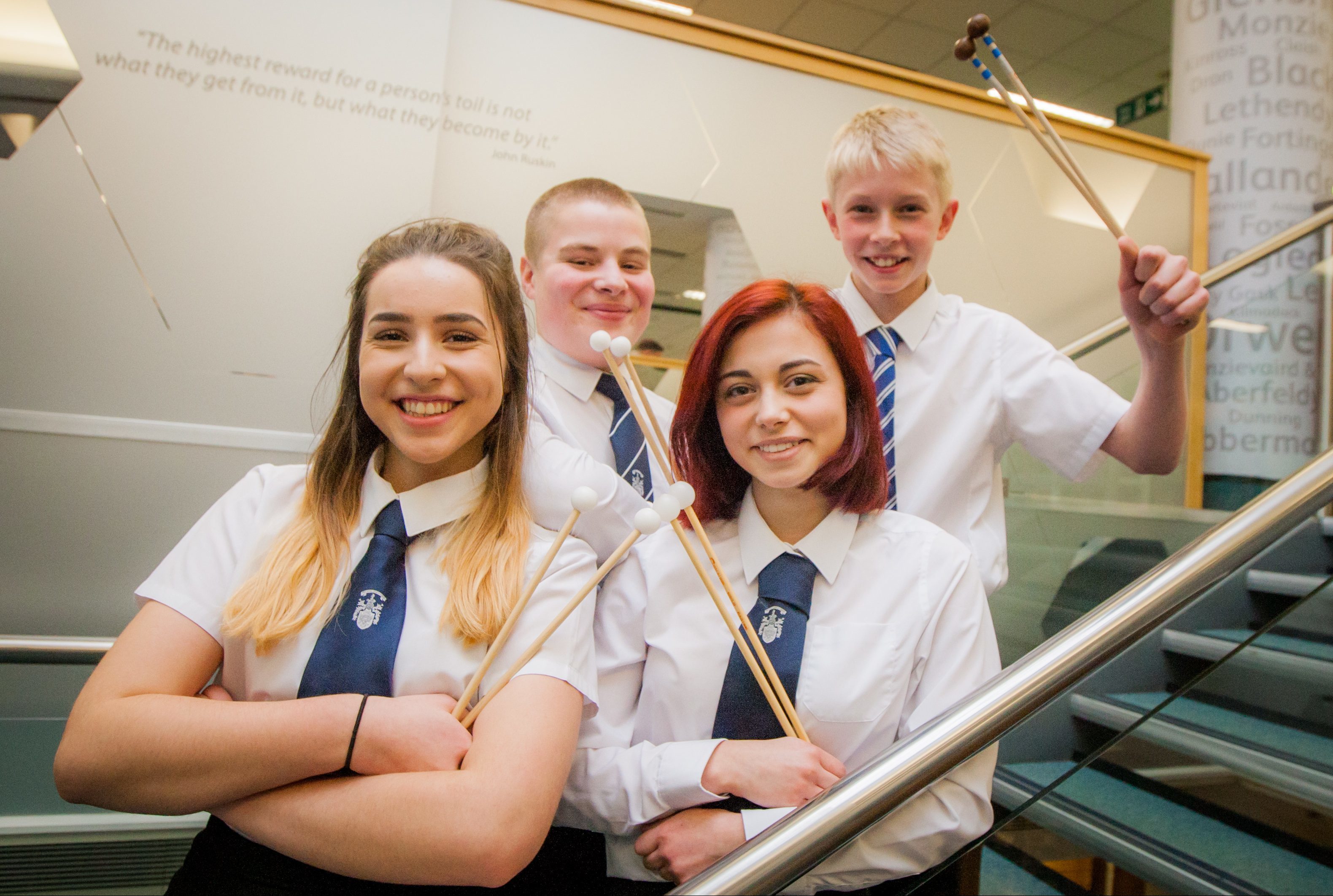 Picture shows competitors in the the Xylophone Duet, Open class which saw a head to head between two Perth Academy teams. Left to right is Ellie Stewart and her partner Jamie Sinclair (behind) alongside Sophie Chisholm and her partner Tom Cahalin (back right).