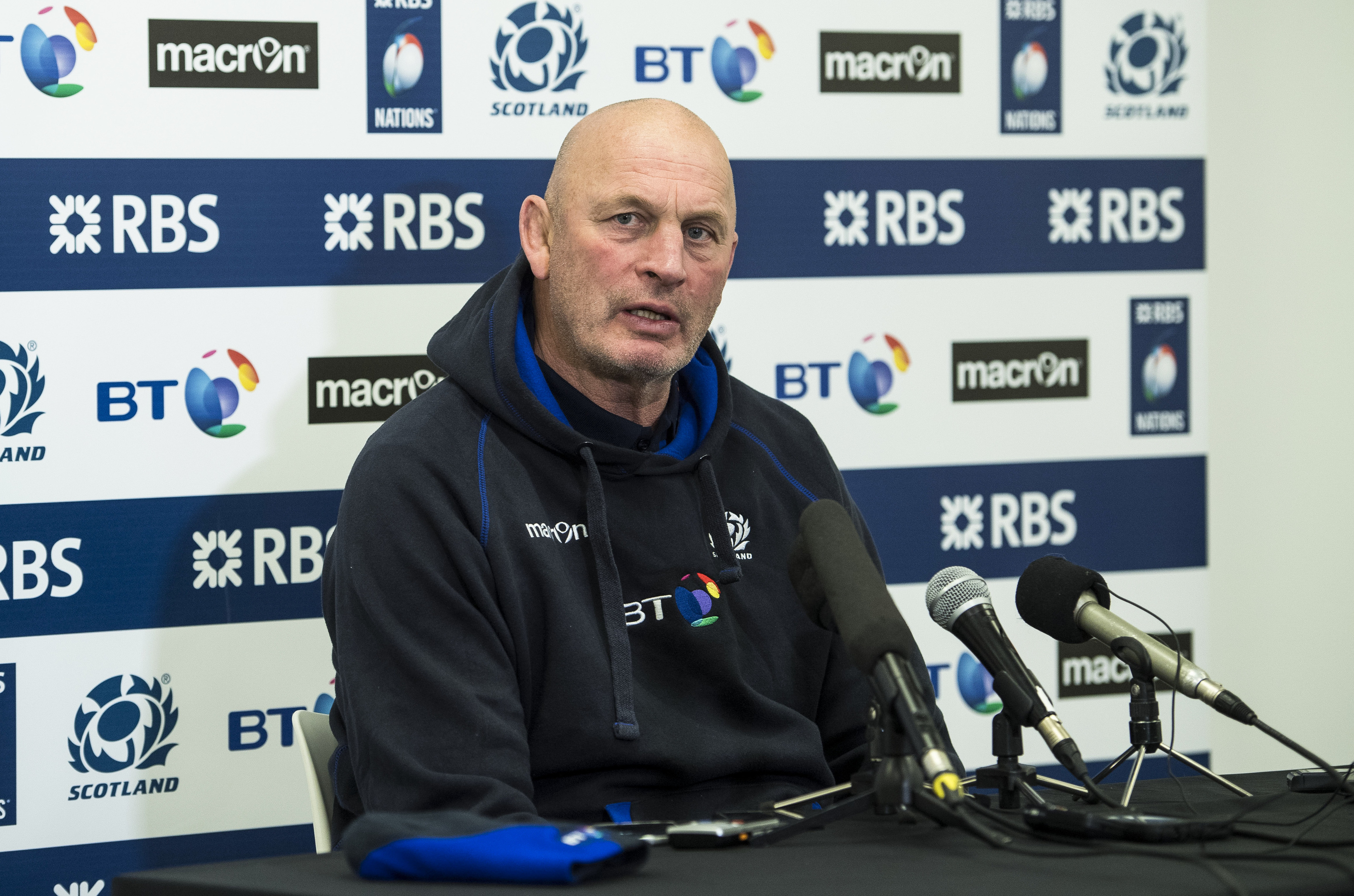 Scotland head coach Vern Cotter announces the team for Twickenham to the media.