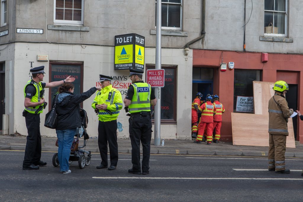 Courier News - Perth - Jamie Buchan - Collapsed Stairwell Story - Perth - Atholl Street stairwell collapse caused major emergency response this morning. - Picture Shows: Emergency services on scene in Atholl Street, Perth - Wednesday 29 March 2017