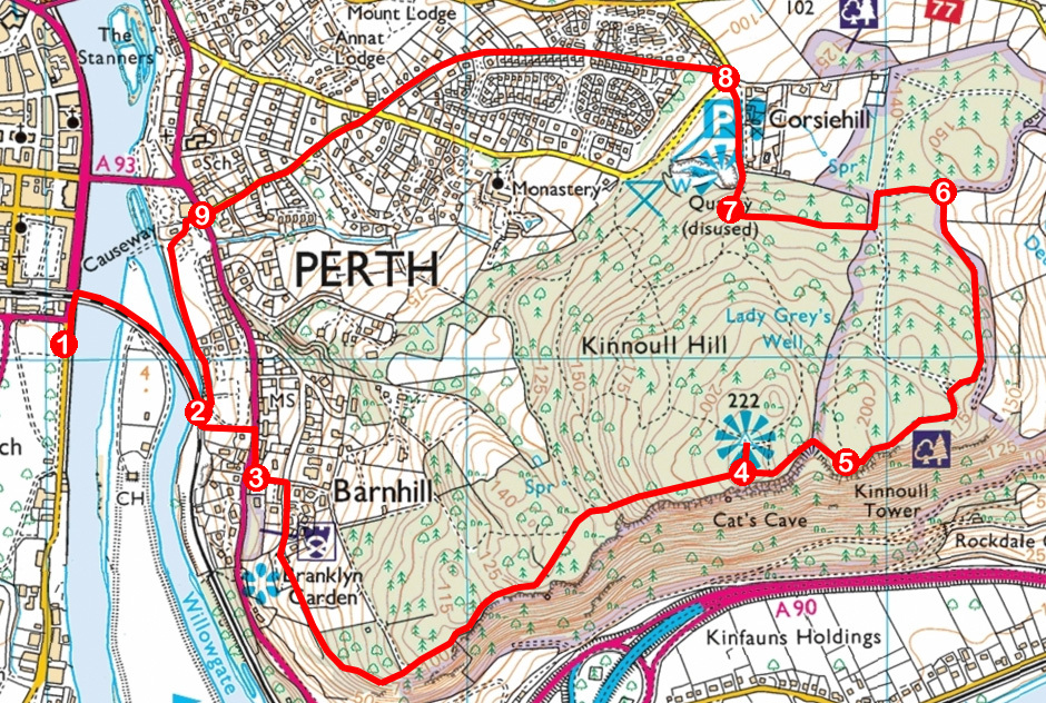 Take a Hike 155 - March 11, 2017 - Kinnoull Hill, Perth, Perth & Kinross OS map extract
