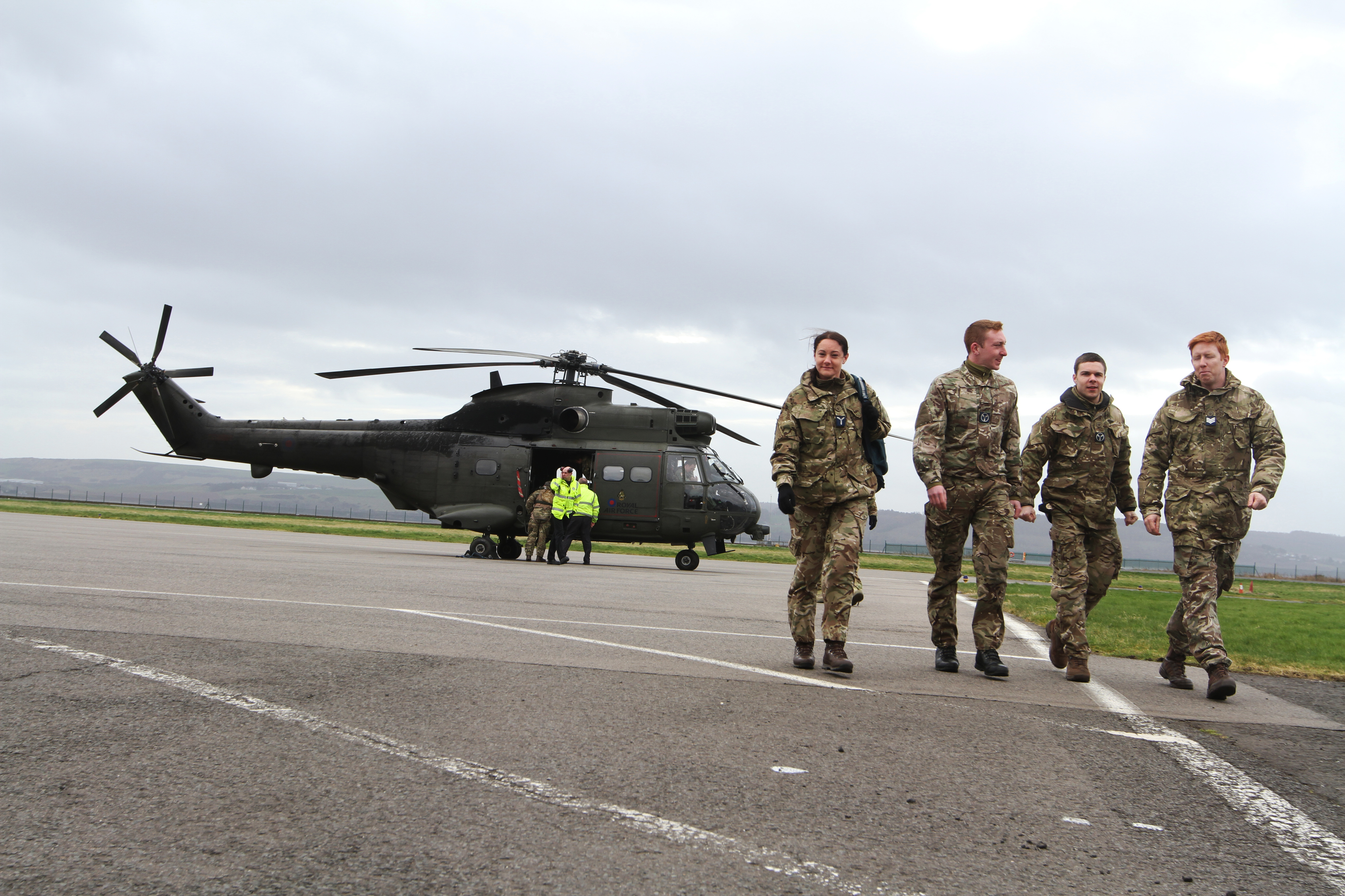 A Royal Air Force Puma Helicopter landing at Dundee Airport.