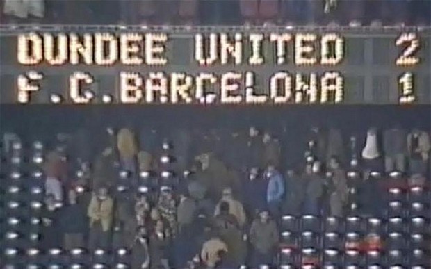 The score board after Dundee United beat Barcelona 2-1 at the Nou Camp