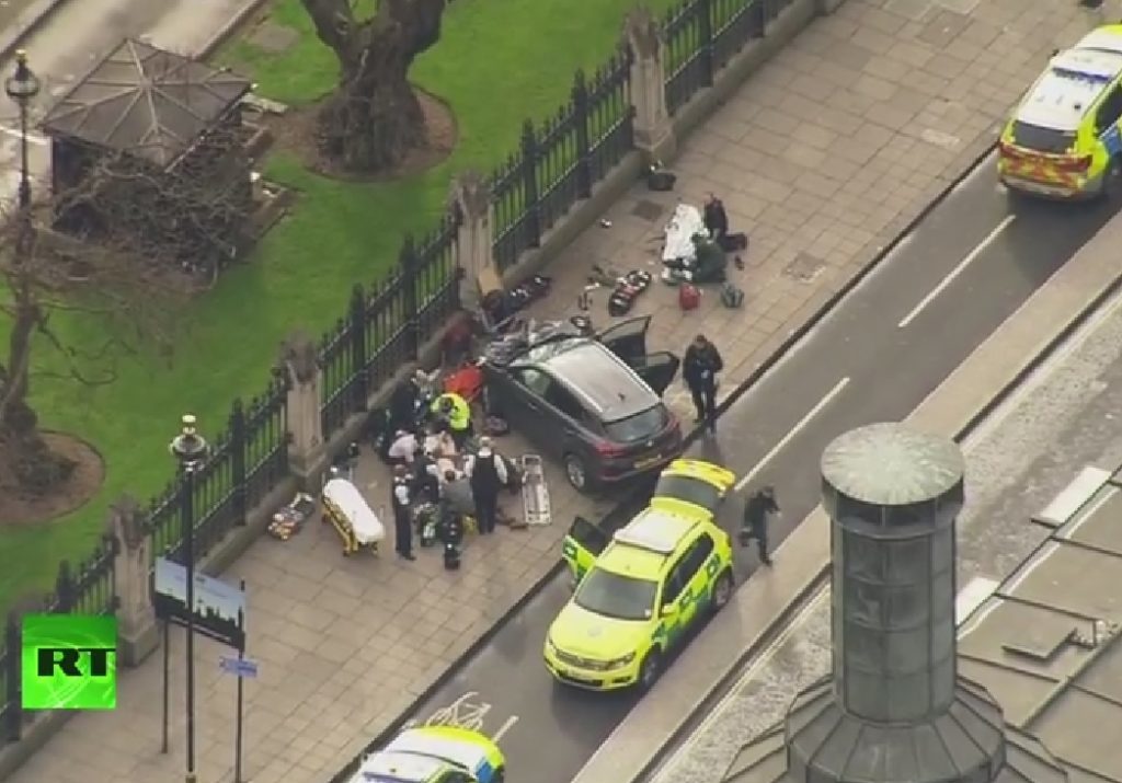 A car smashed into railings on the perimeter of the Palace of Westminster.