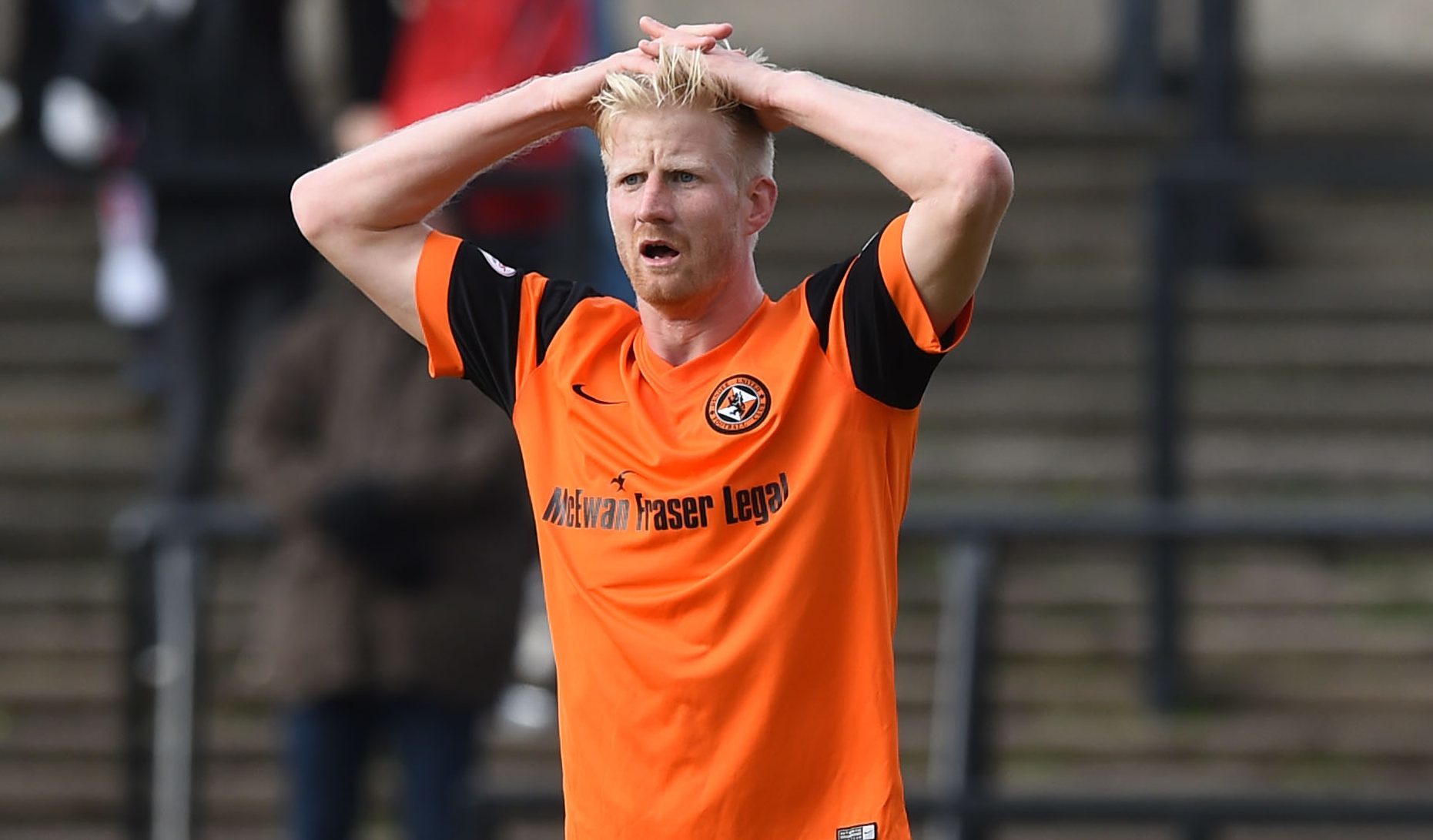 Dundee United's Thomas Mikkelsen is frustrated as his goal is disallowed