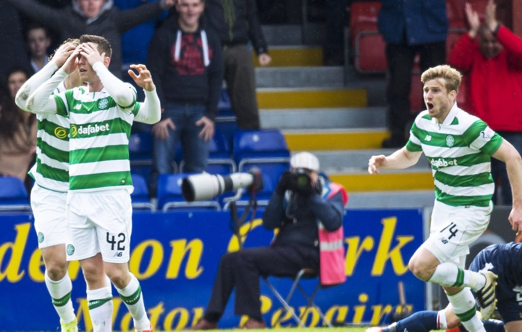 The Celtic players show what they think of Alex Schalk's dive.