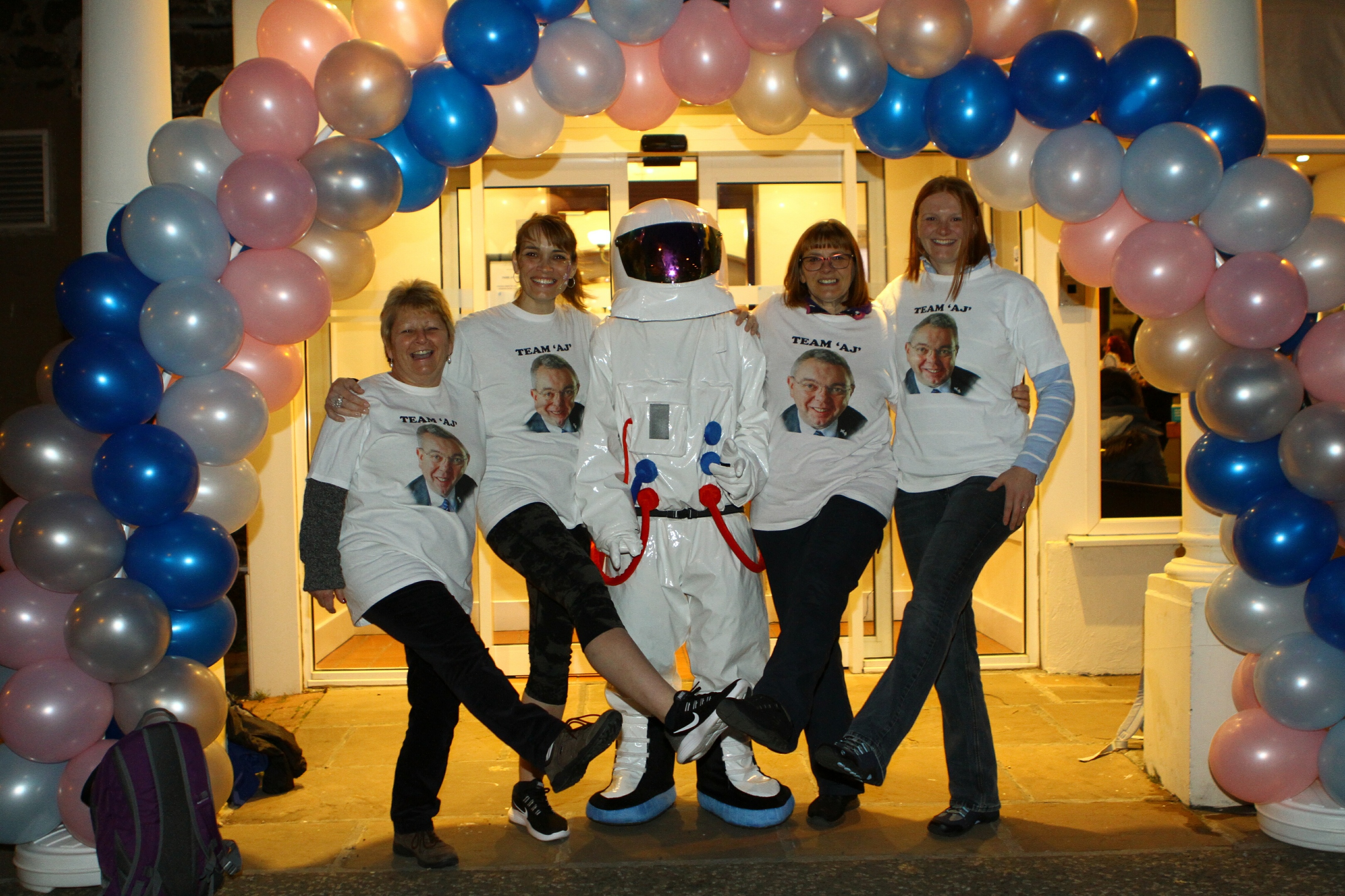 Team AJ from left — Shirley Burnett, Karen Anderson, spaceman Jamie Docherty, Linda Johnstone, and her daughter Christine Watson.