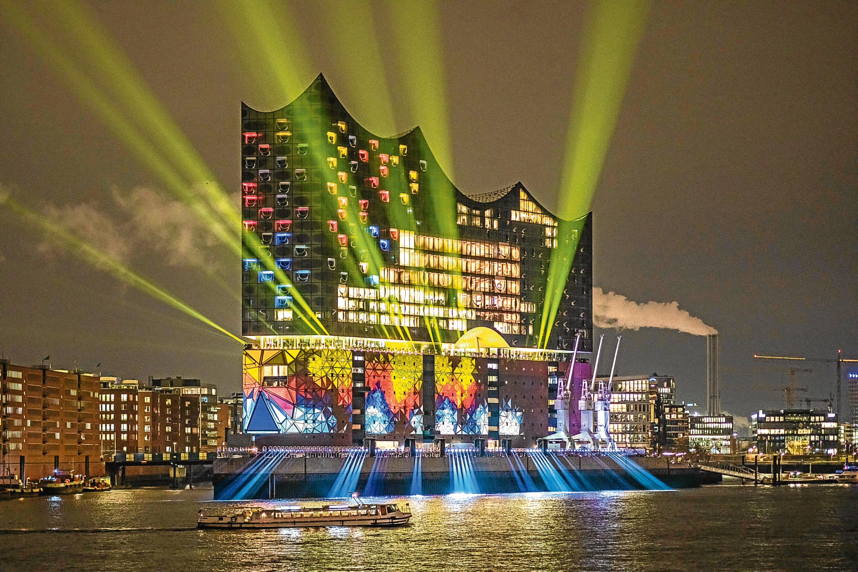 The Elbphilharmonie in Hamburg lit up for opening night in January.