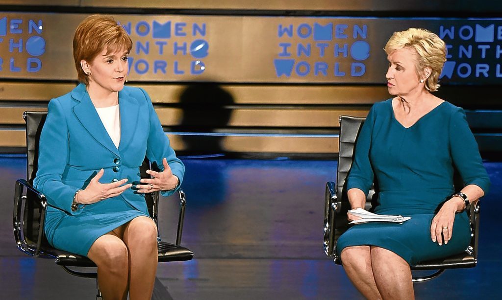 Nicola Sturgeon and journalist Tina Brown speak during the Women In The World Summit at the Lincoln Center, New York. Jenny wonders if the First Minister would be better off spending time in England instead of the USA.