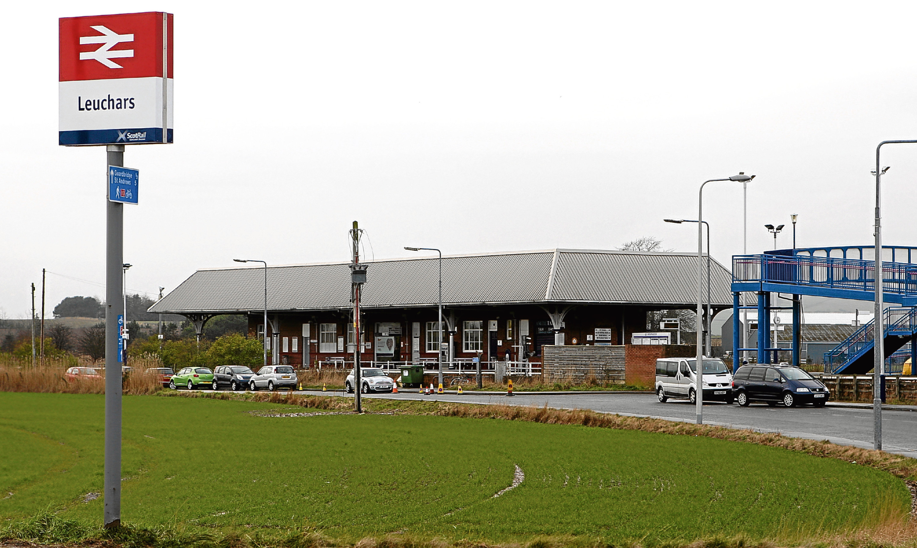 Leuchars railway station with the pedestrian ramps at the right of the photograph.