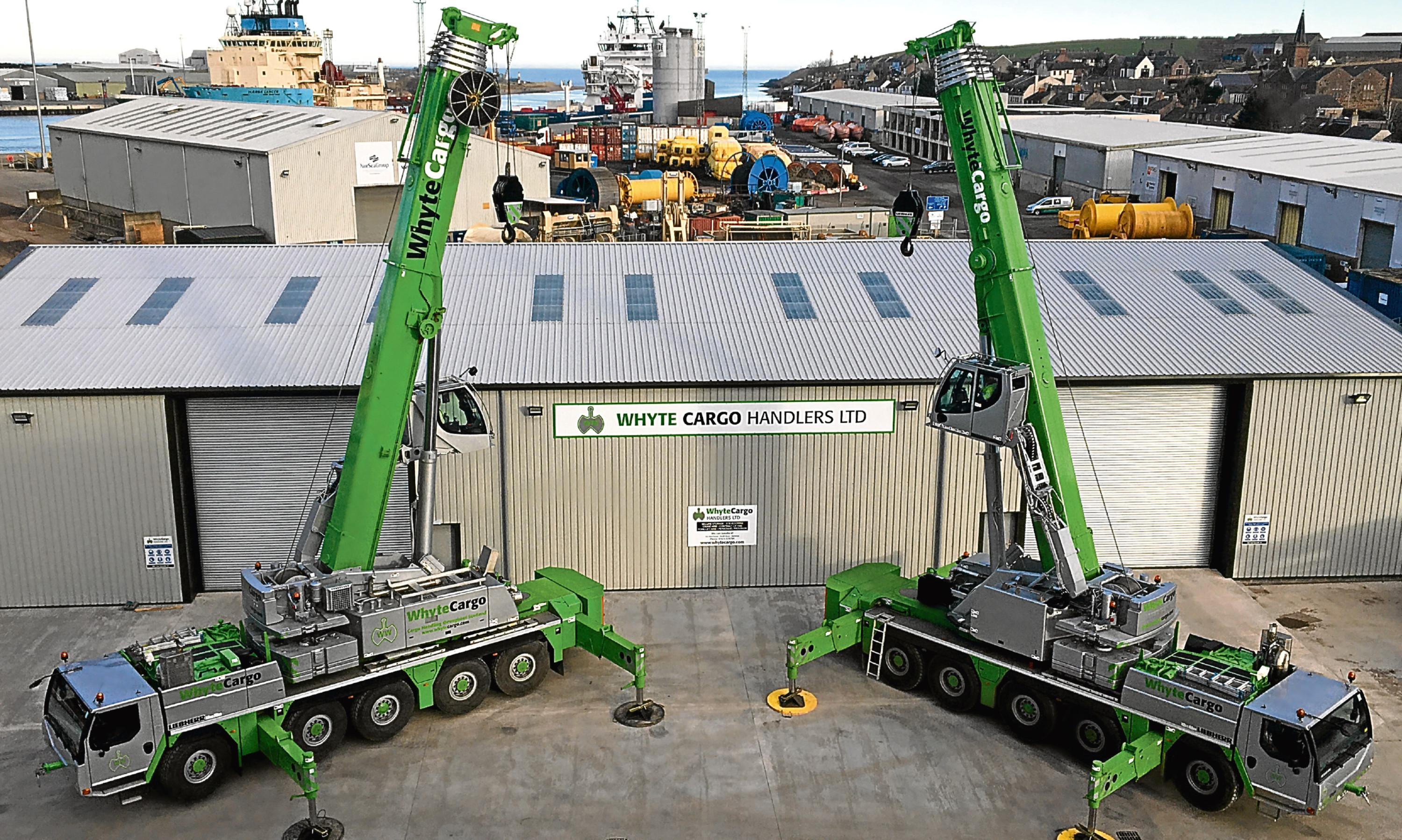 Whyte Cargo Handlers new warehouse at Montrose Port with their new Liebherr dockside cranes