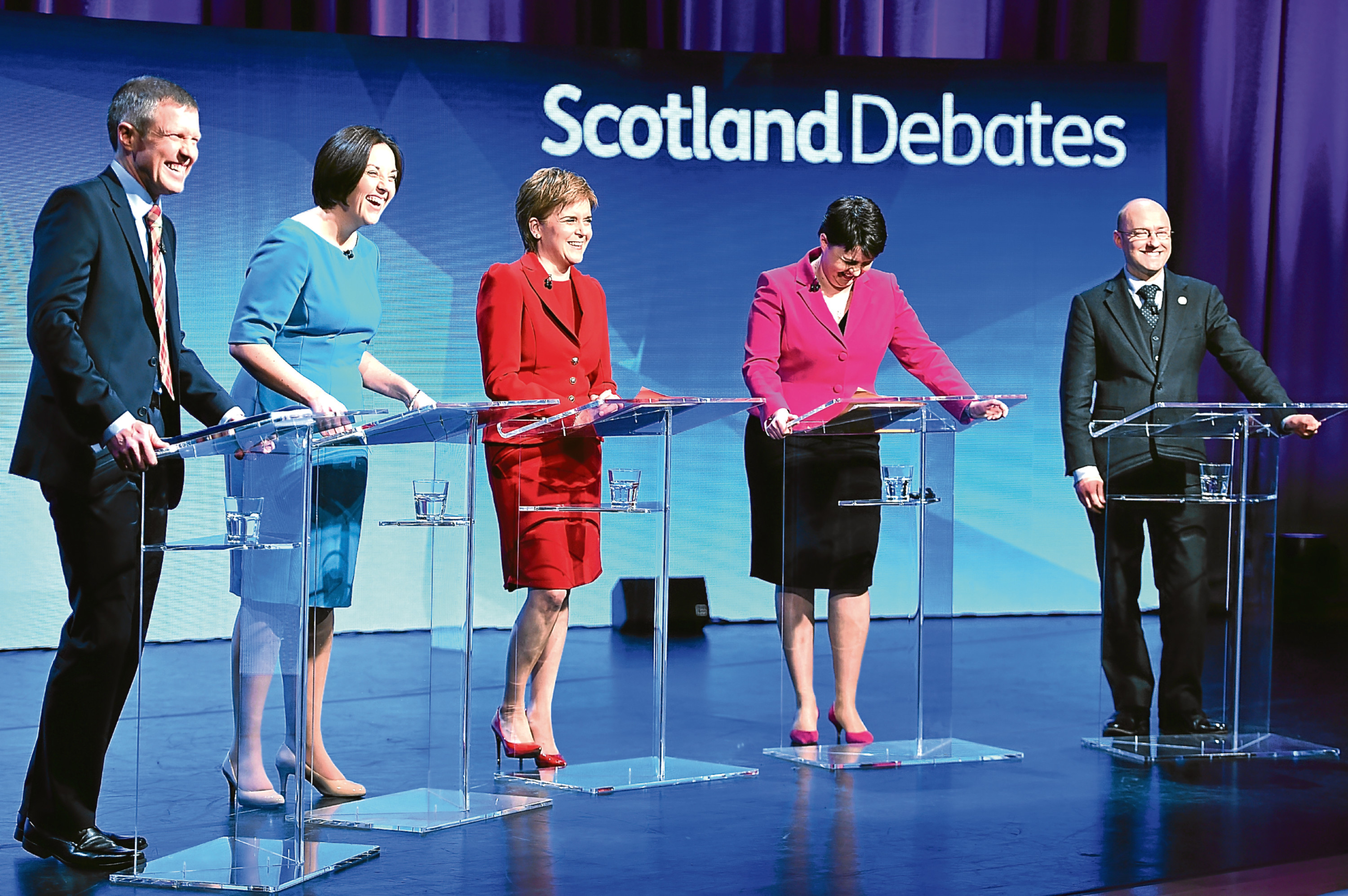 Lib Dem Willie Rennie, Scottish Labour's Kezia Dugdale, SNP leader Nicola Sturgeon, Ruth Davidson of the Scottish Conservatives, and Patrick Harvie of the Scottish Greens attend the STV election debate on March 29, 2016 in Edinburgh, Scotland.