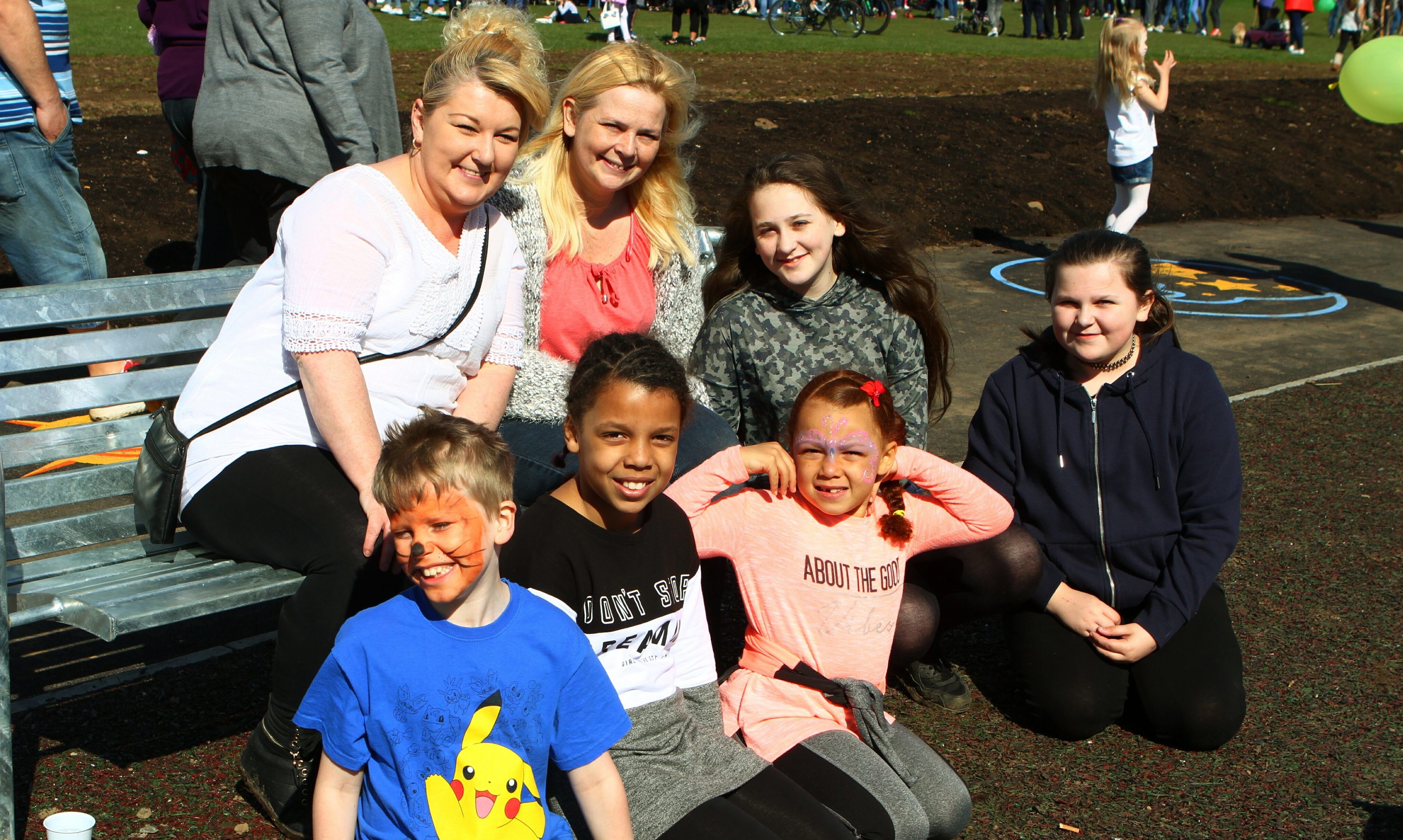 Enjoying the new park are Zoe Bates, back left, and Maxine Scroggie,  with their kids at the opening of the new Powrie Play Park on Cheviot Crescent in Fintry.