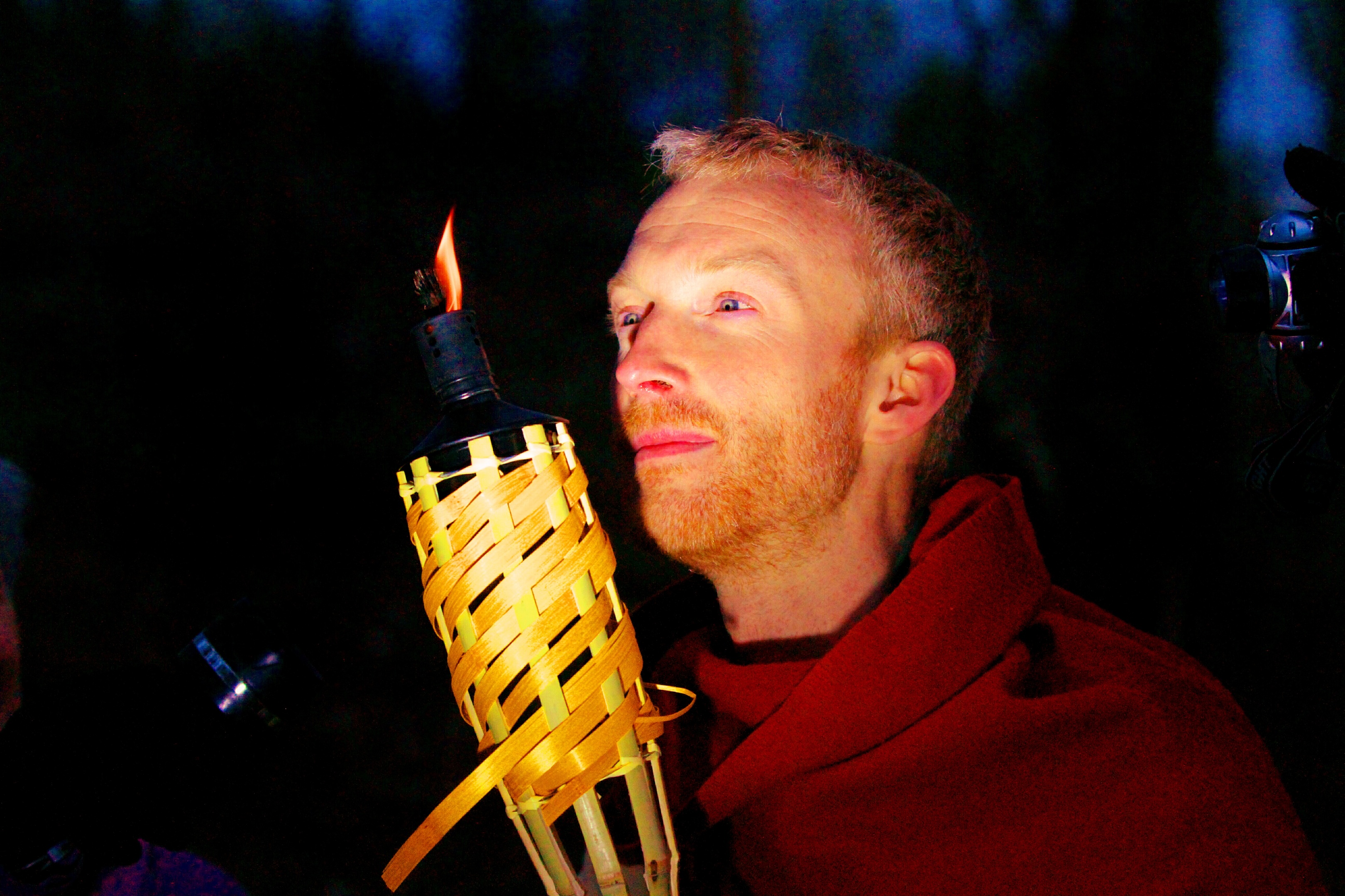 Gavin Lindsay of Perth and Kinross Heritage Trust dons Iron Age garb to lead a torchlight procession up Moncrieffe Hill.