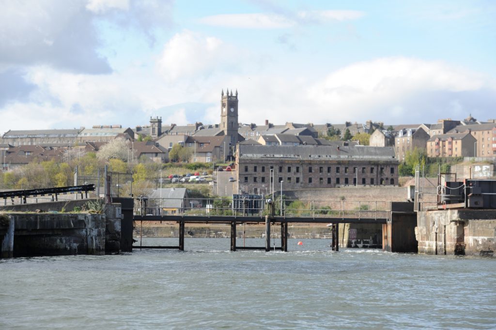 Sea gate at entrance to City Quay, Dundee Harbour.