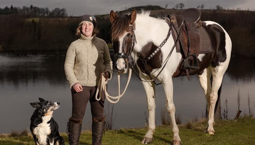 Karen Inkster with her horse Connie and dog Pip.