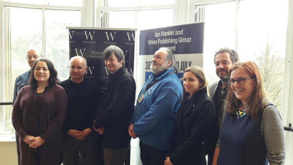 Ian Rankin is joined by publisher, sponsor and tour representatives at the launch of RebusFest in Waterstones book store, Edinburgh