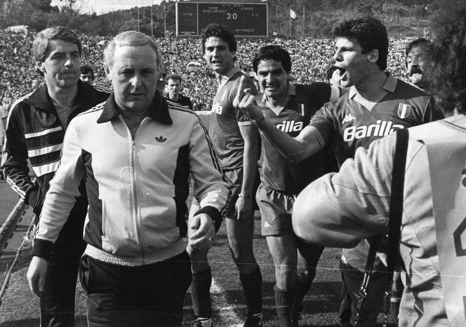 Jim McLean is abused by AS Roma players after Dundee United 3-2 on aggregate to the Italian side in the semi final of the 1984 European Cup