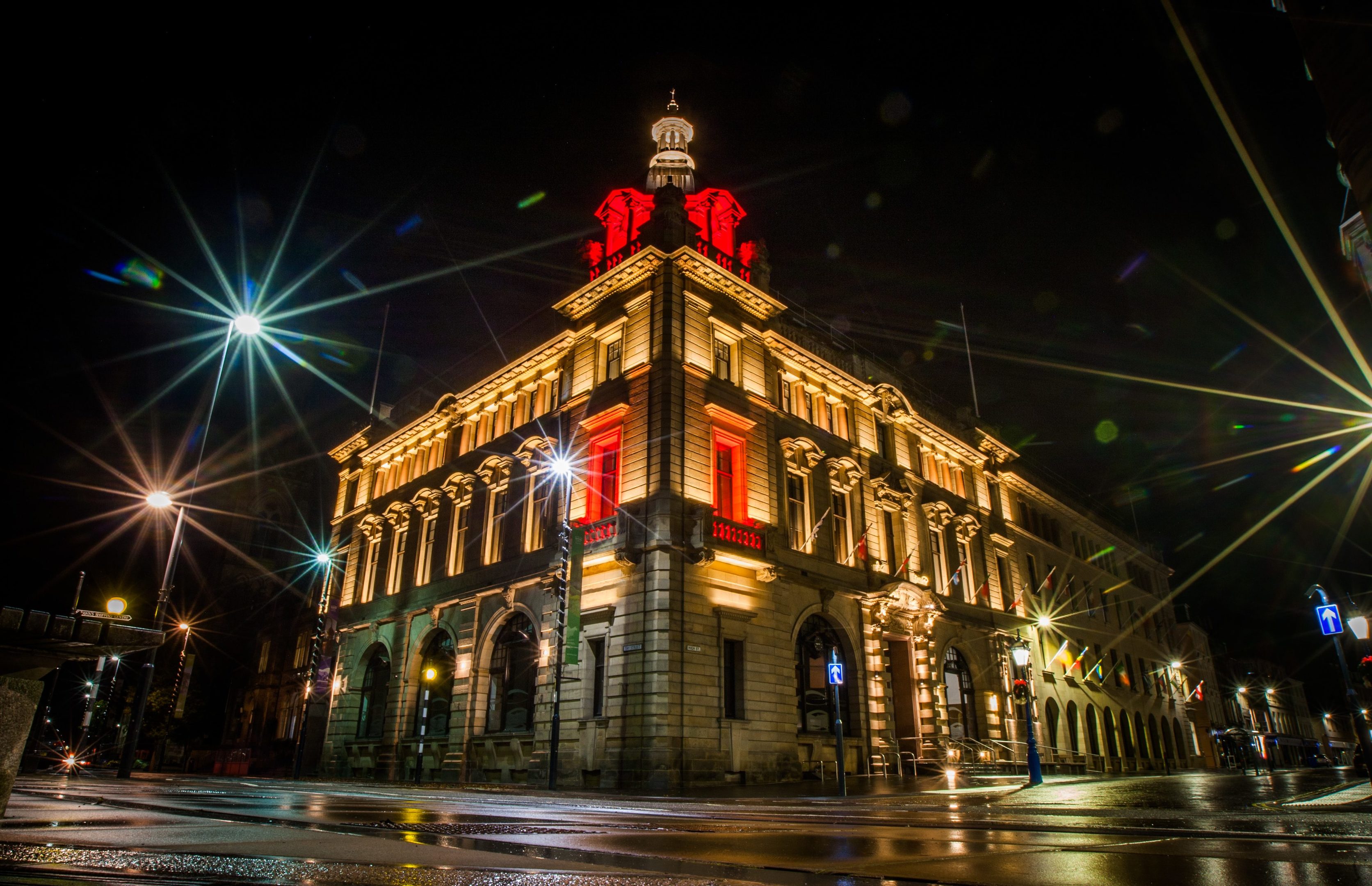 Perth and Kinross Council High Street headquarters lit up.