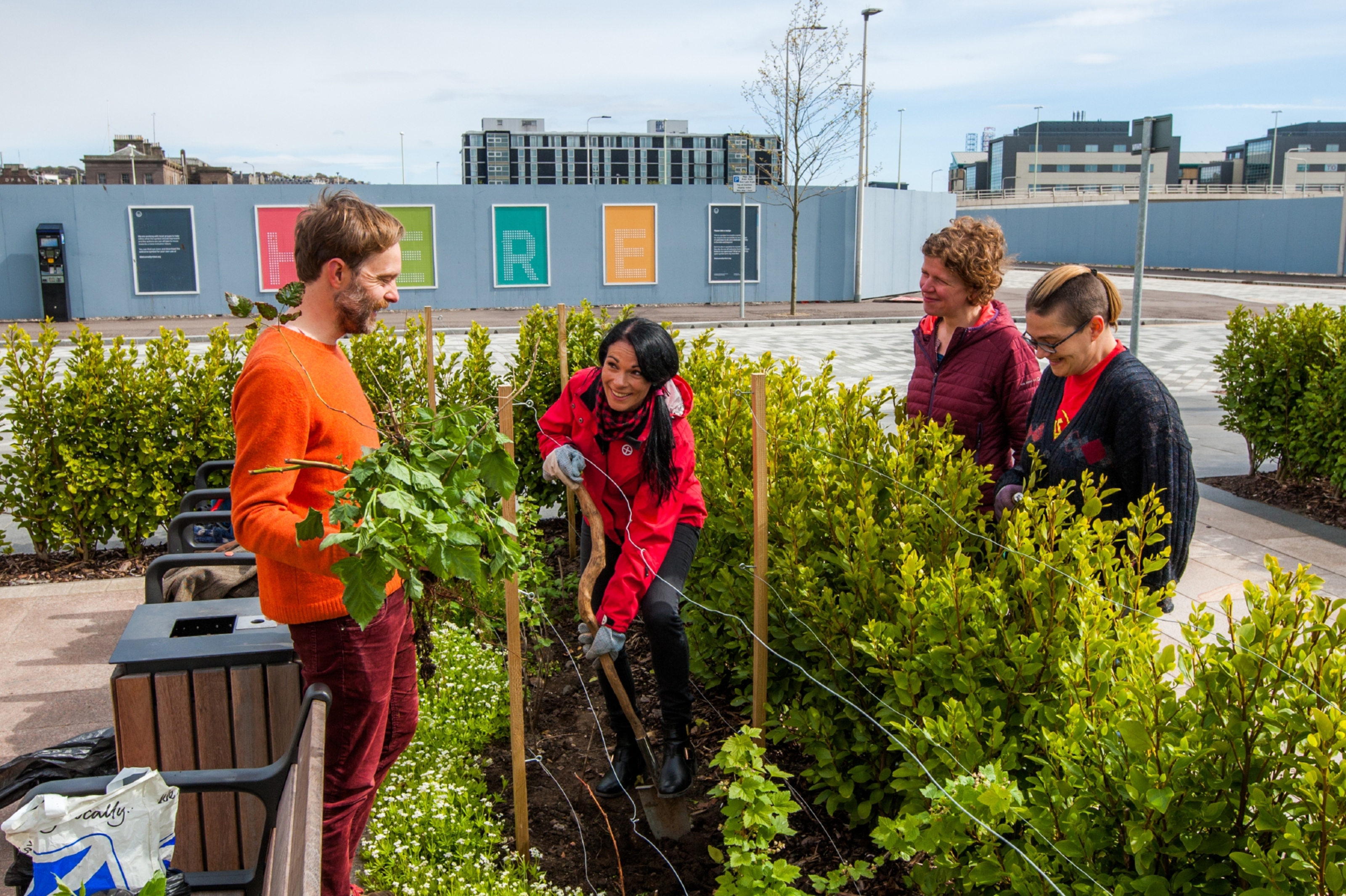Jonathan Baxter, Gayle Ritchie, Sarah Gittins and Shonagh Glen. Slessor Gardens in the edible garden and orchard in Dundee's Slessor Gardens.