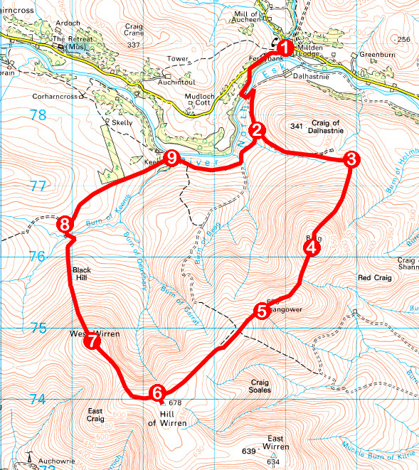 Take a Hike 162 - April 29, 2017 - Hill of Wirren from Glen Esk, Angus OS map extract