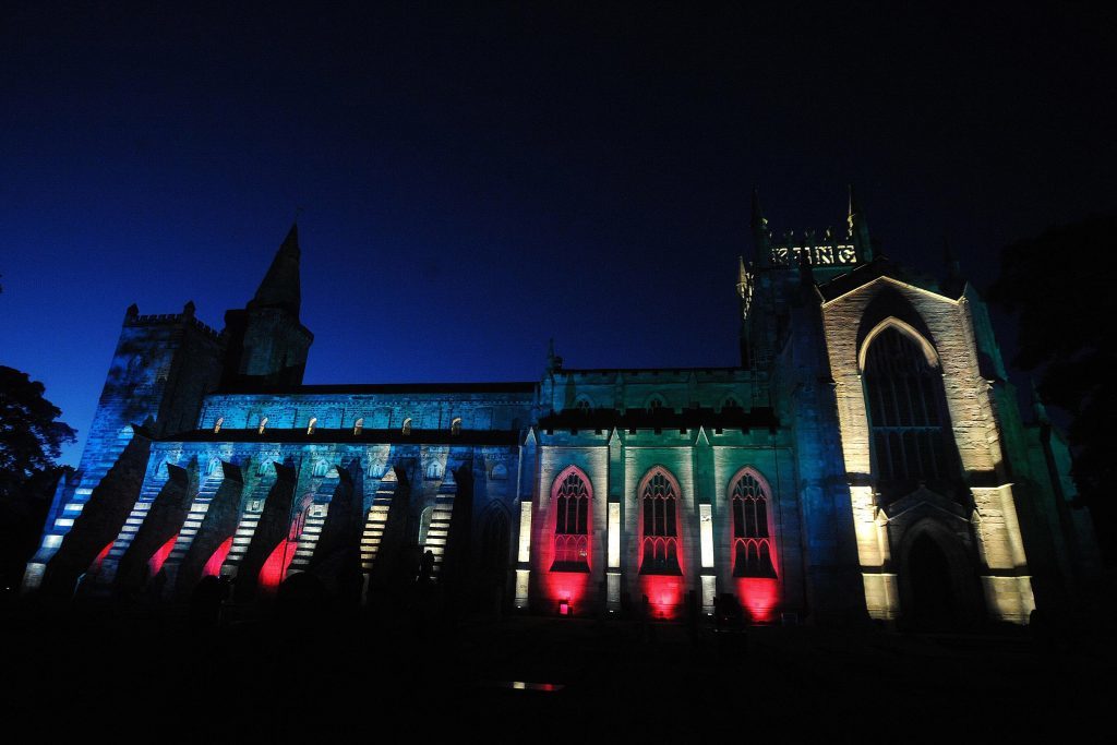 Dunfermline Abbey lit up at night.