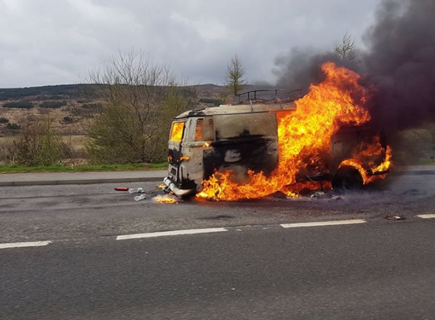 The camper van fire on the A9 north of the House of Bruar.