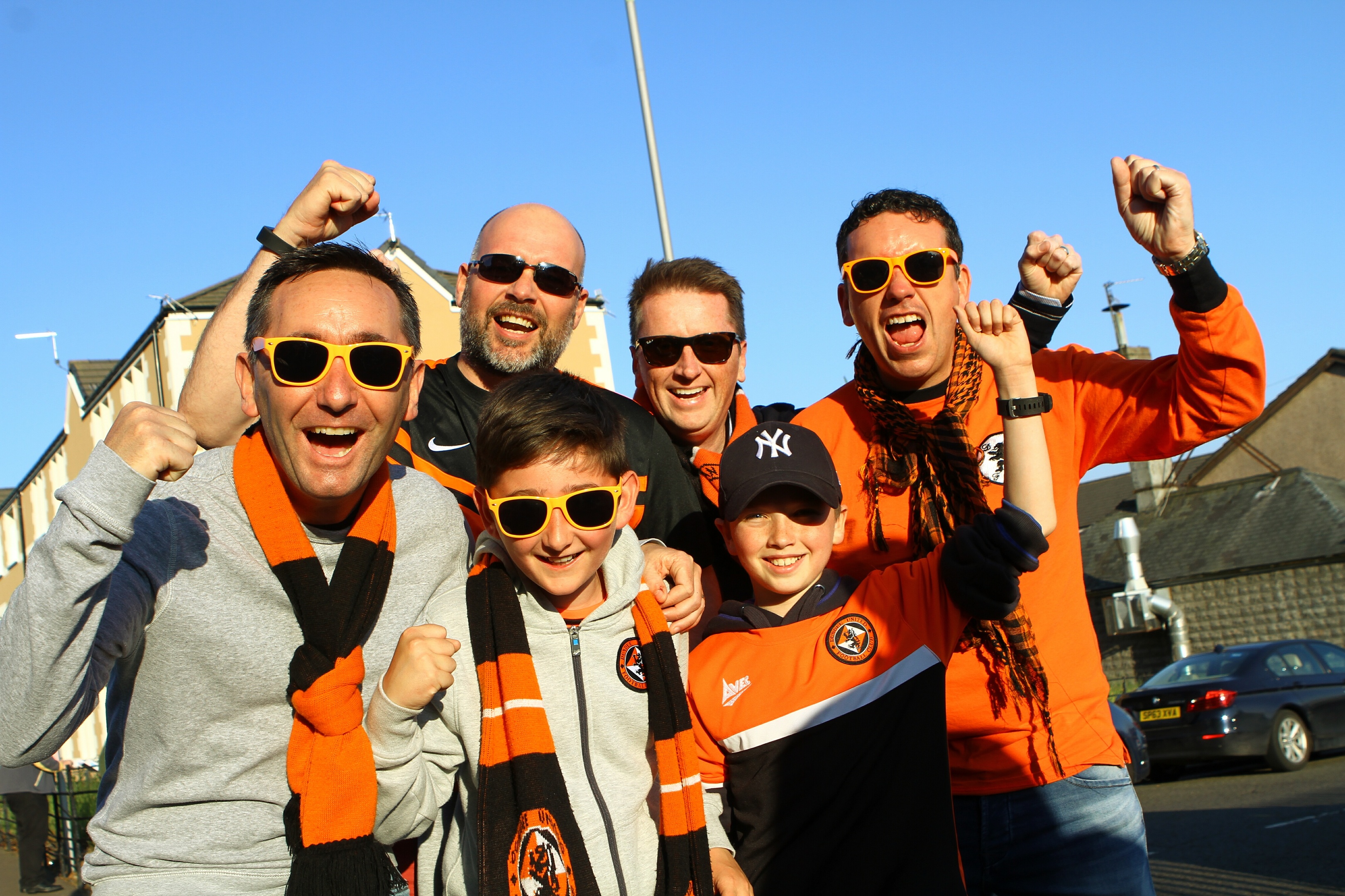 A happy bunch of United fans before the first leg of the play-off final between Dundee United and Hamilton, at Tannadice.