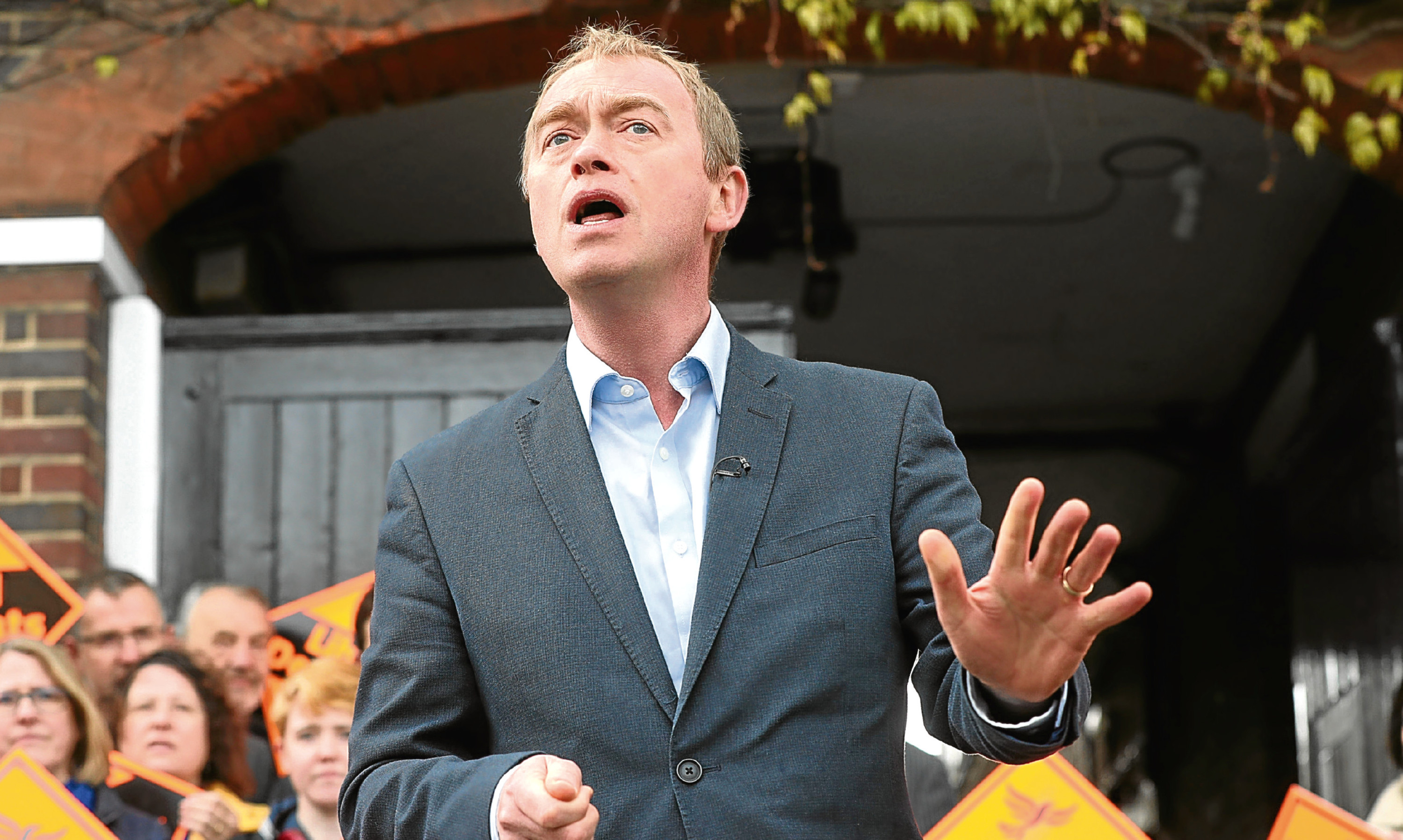 Tim Farron makes a campaign address.