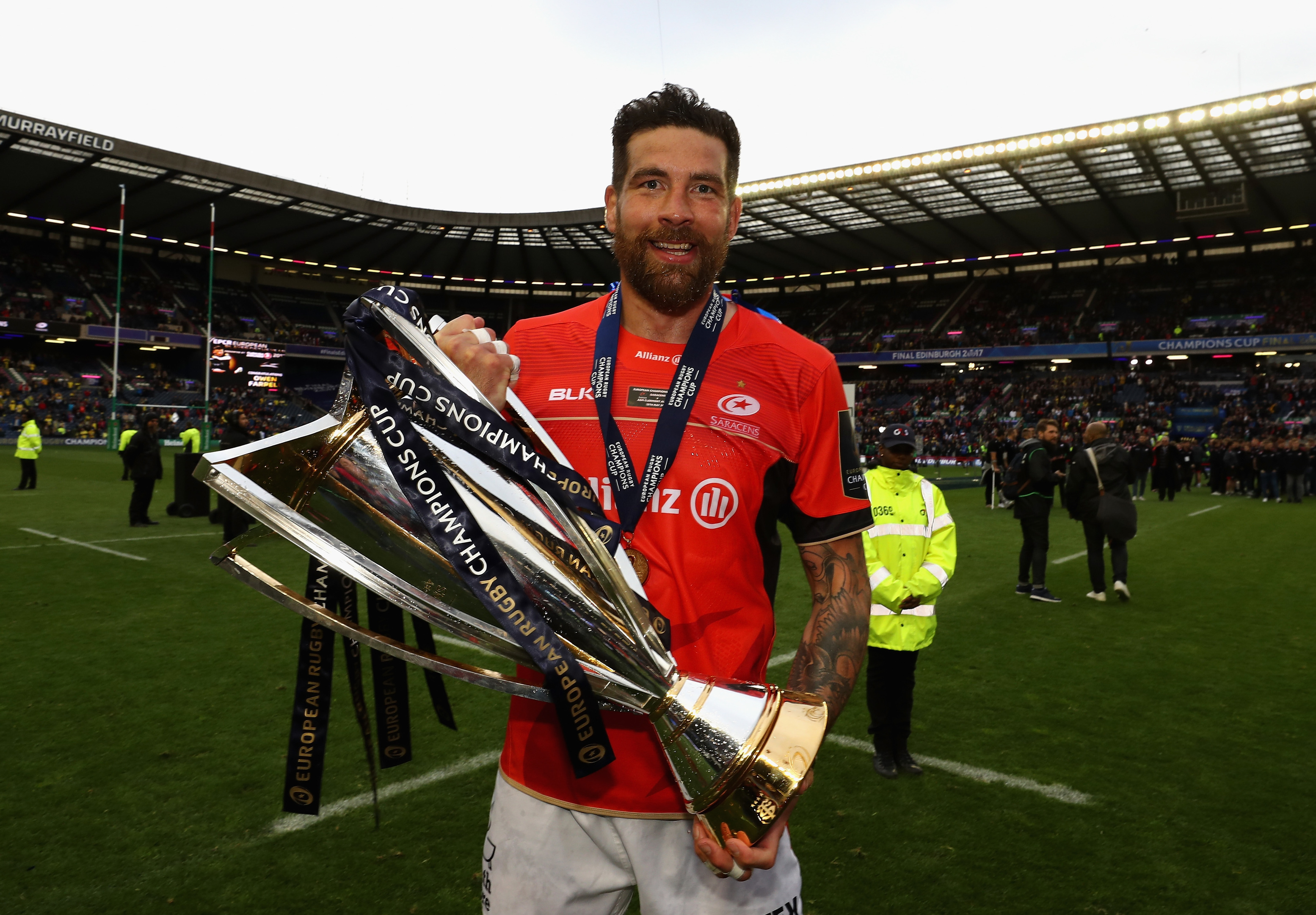 Jim Hamilton with the trophy after Saturday's win by Saracens over Clermont-Auvergne at Murrayfield.