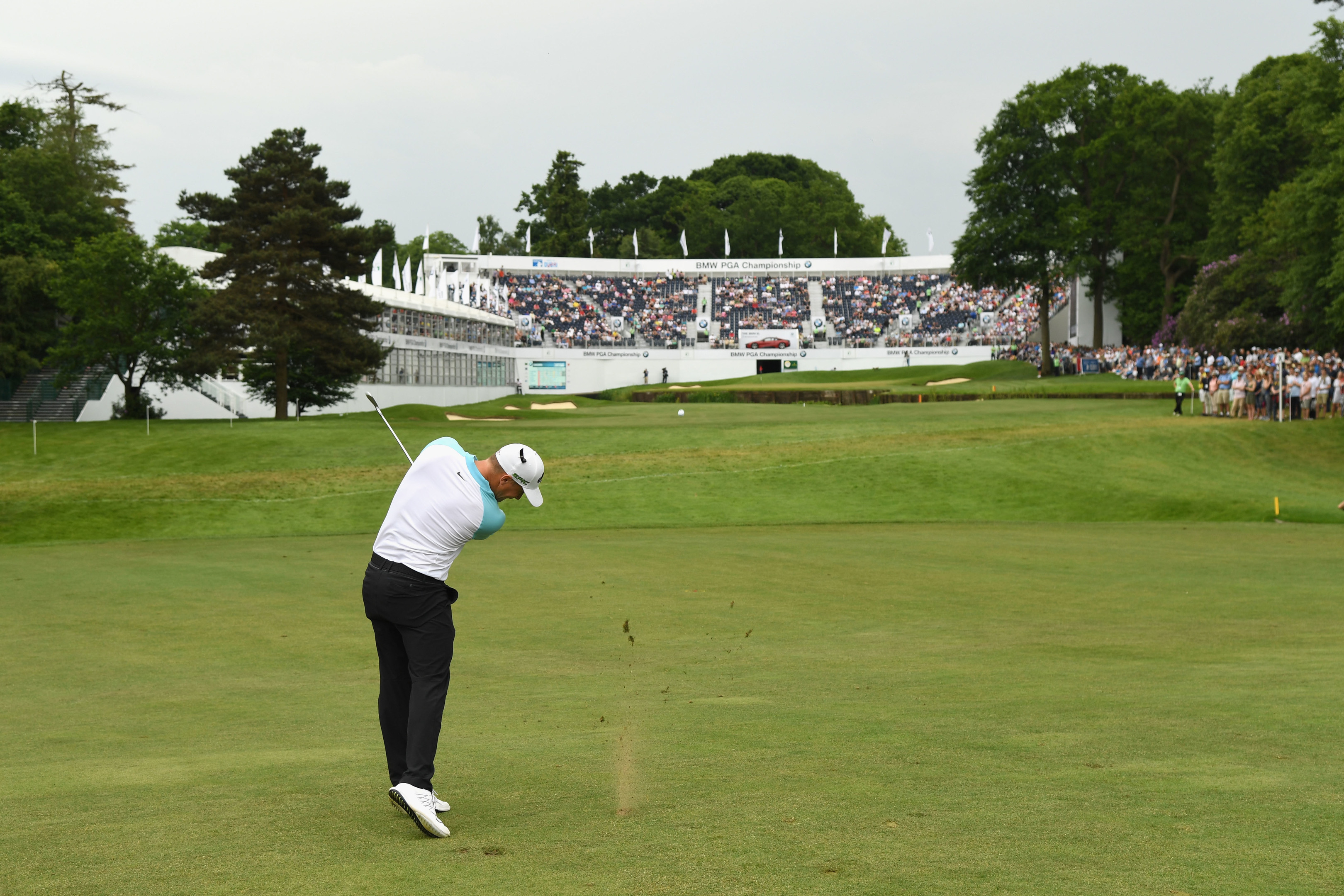 Alex Noren hits his second shot into the 18th at Wentworth during Sunday#s final round.