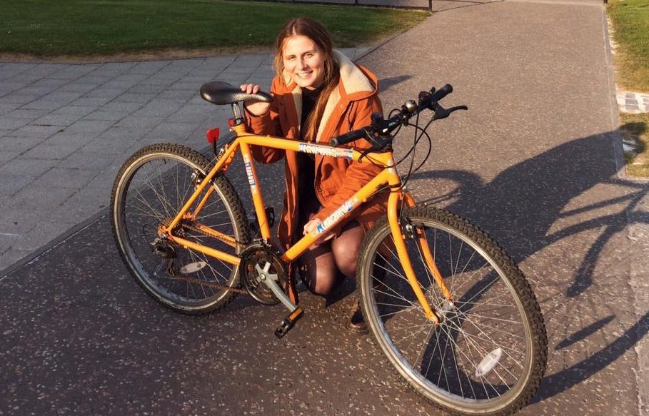 Abbie Lois Cartmell after being reunited with her bicycle.