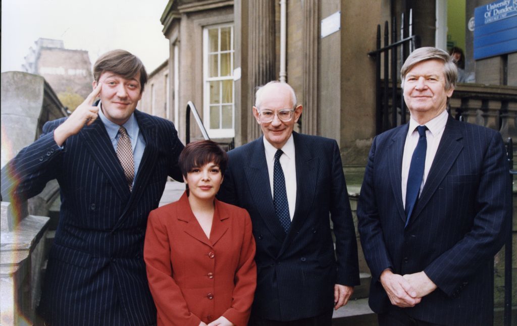 Dundee University Court in 1993. Stephen Fry, rector, Ayesha Weston, President Student's Association; Mr David Roberston, Chairman and Professor Michael Hamlin, Principal.
