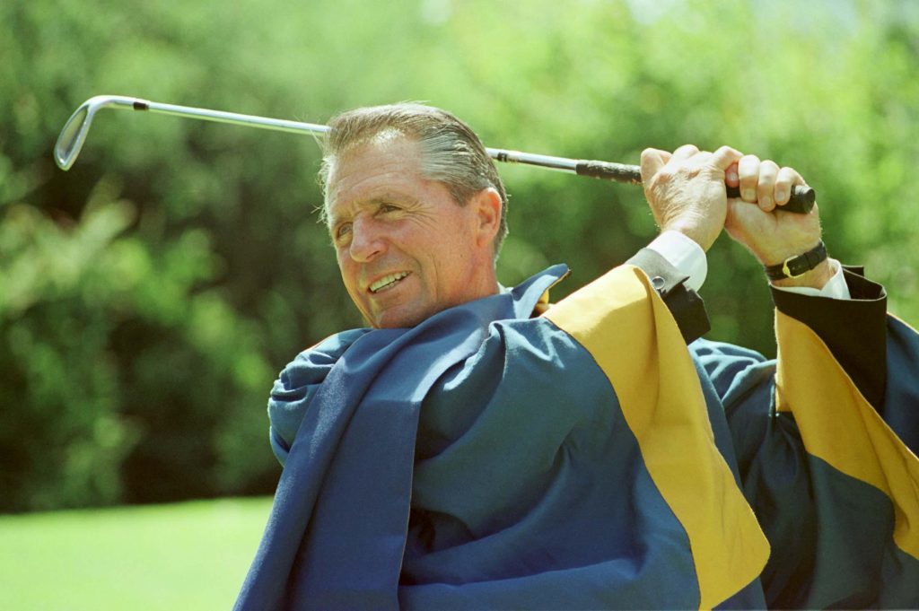 South African golfer Gary Player takes a shot on the lawn of Dundee University in Dundee after receiving an honorary degree in 1999