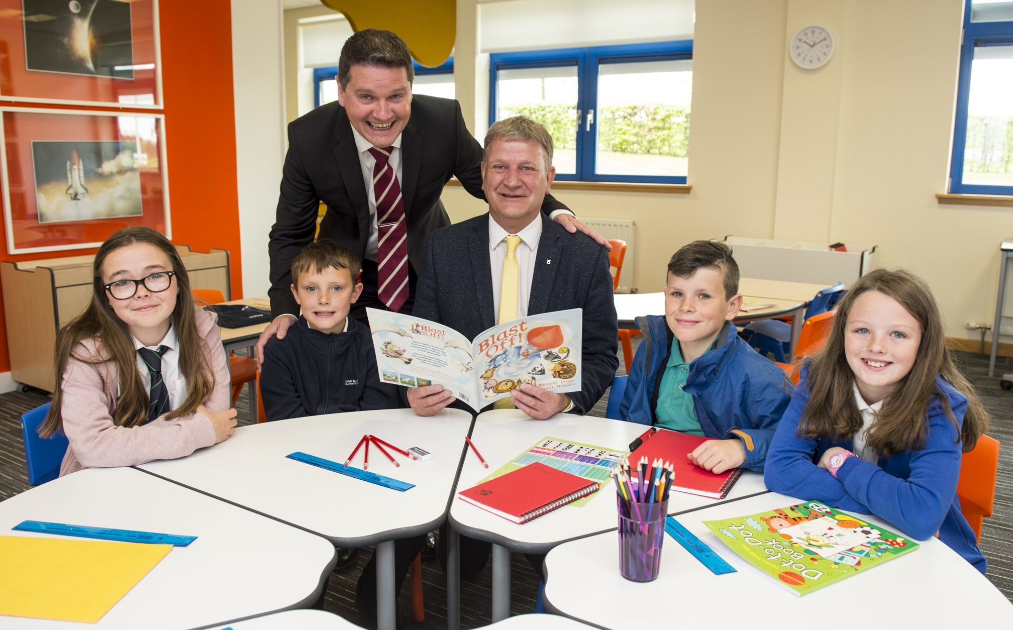 Children from Cowdenbeath Primary School joined David Torrance MSP and Havelock chief executive David Ritchie to try out the firmÕs new Imagine furniture range, which has been designed and manufactured by staff in Kirkcaldy. 
Pic shows: l to r - Cowdenbeath Primary School pupils, Rebecca Kirk (11). Lucas Turner (8). David Ritchie, Chief Executive Officer at Havelock Europa. David Torrance MSP. Aaron Bradley (11). Karla Porteous (10).