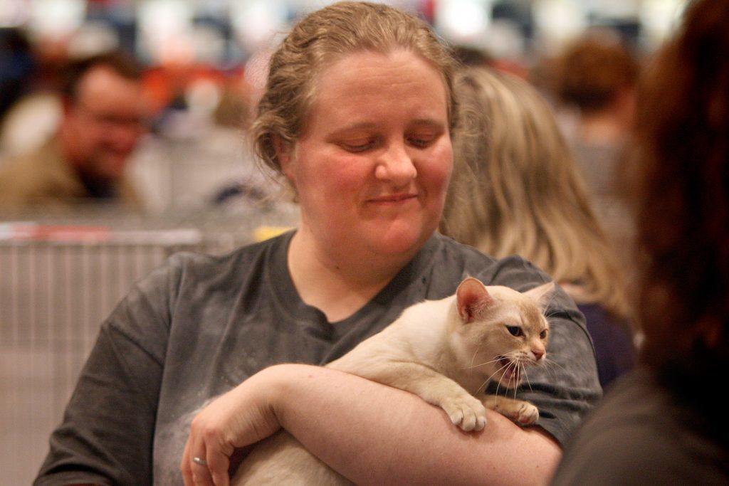 A cat and its owner at the Dundee Championship Cat Show.