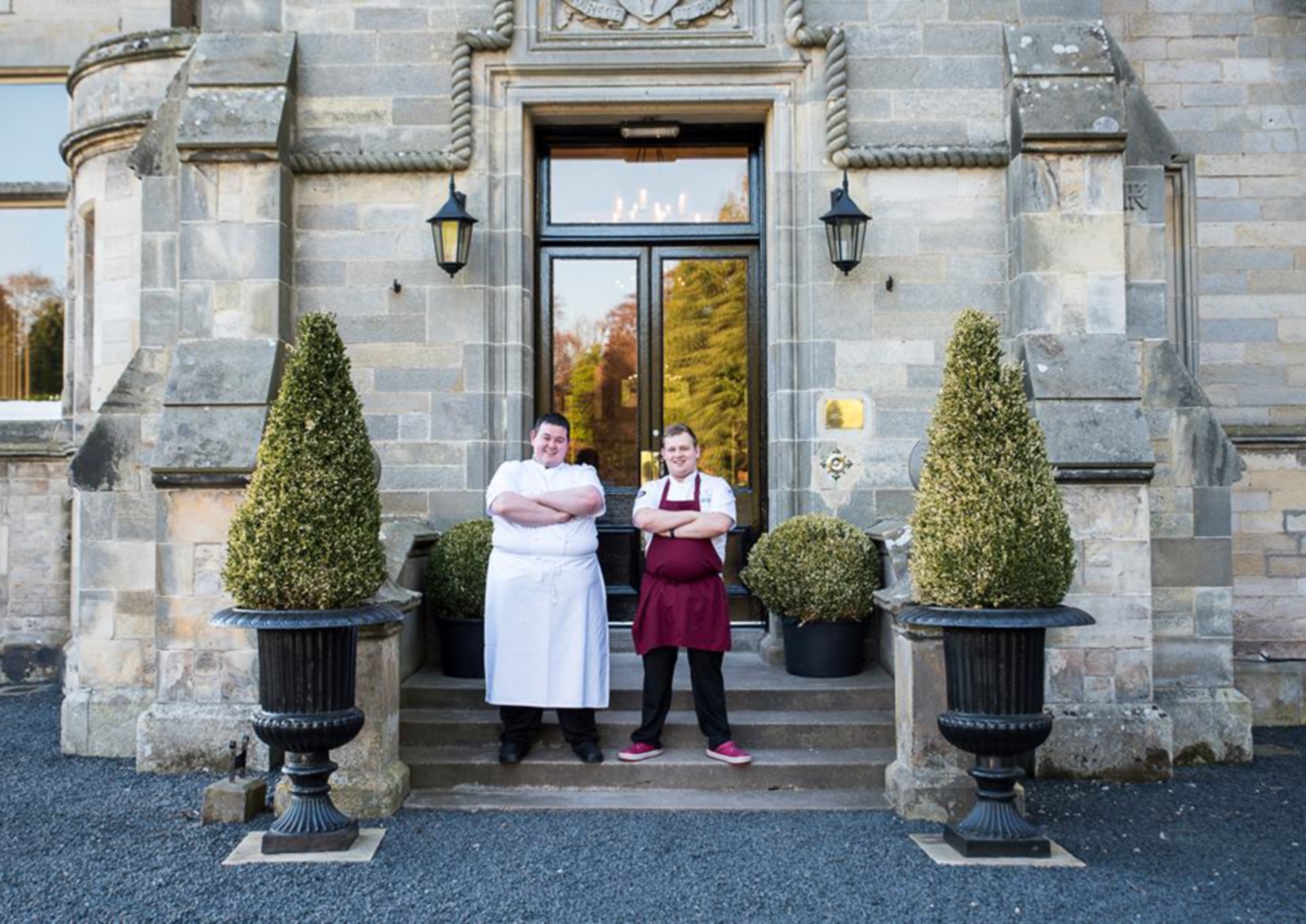 Top chefs Mark Heirs and Adam Newth outside Kinnettles Castle in Angus.