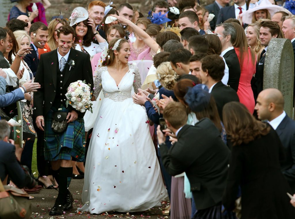 Andy Murray and his bride Kim Sears after their wedding at Dunblane Cathedral. 