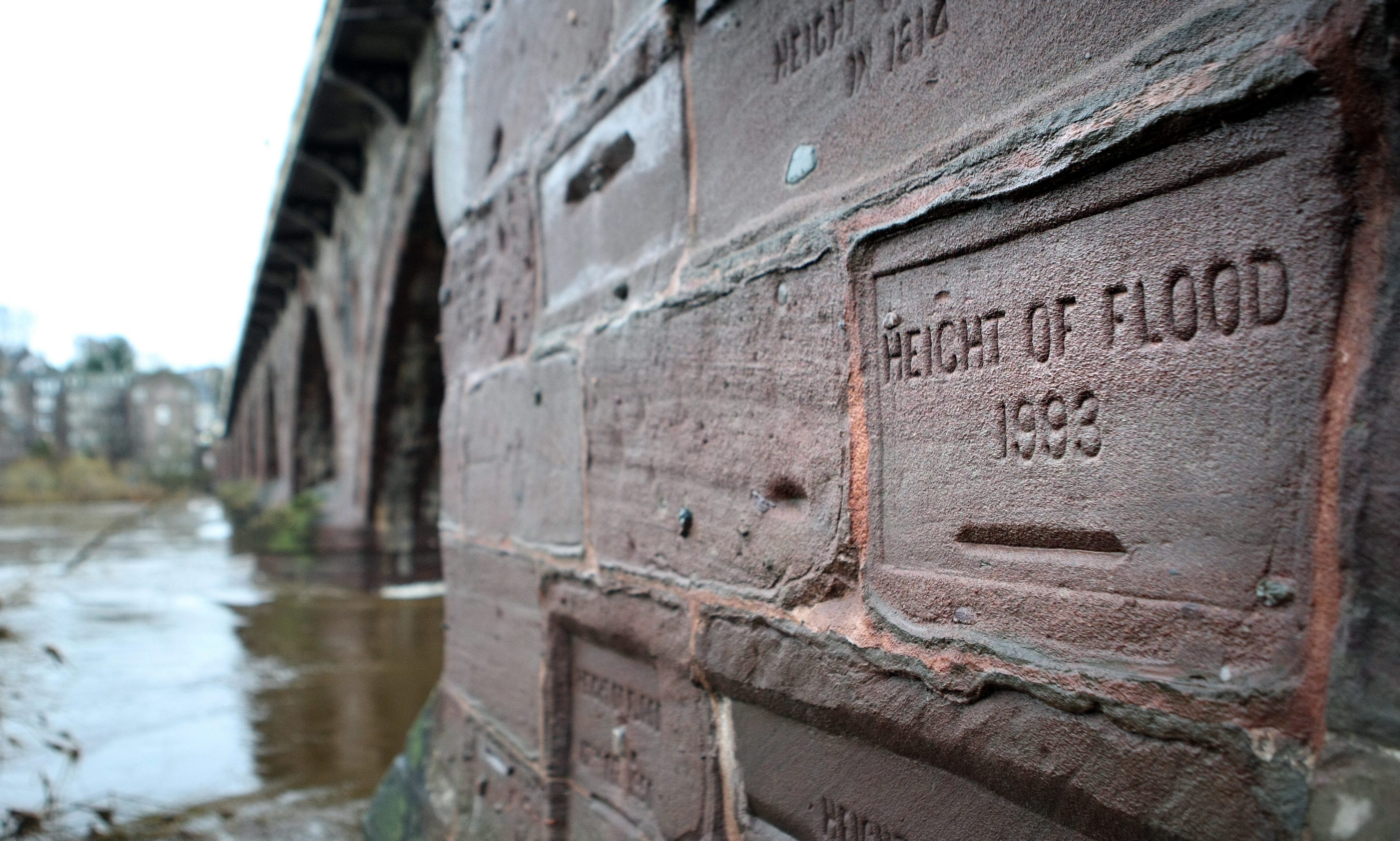 Marks on Smeatons Bridge show the height of floods the historic crossing has survived. It will undergo maintenance as part of the council programme.