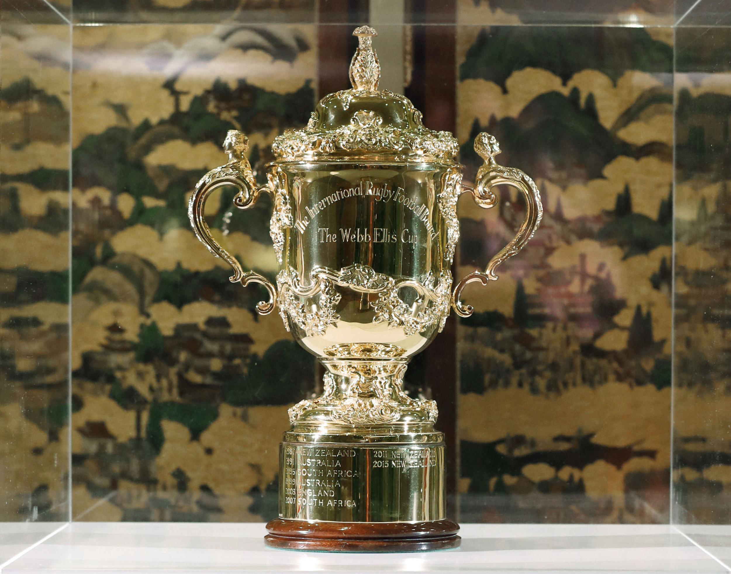 The Webb Ellis Cup is displayed in Kyoto, Japan at the draw for the pool stage of the 2019 Rugby World Cup tournament.