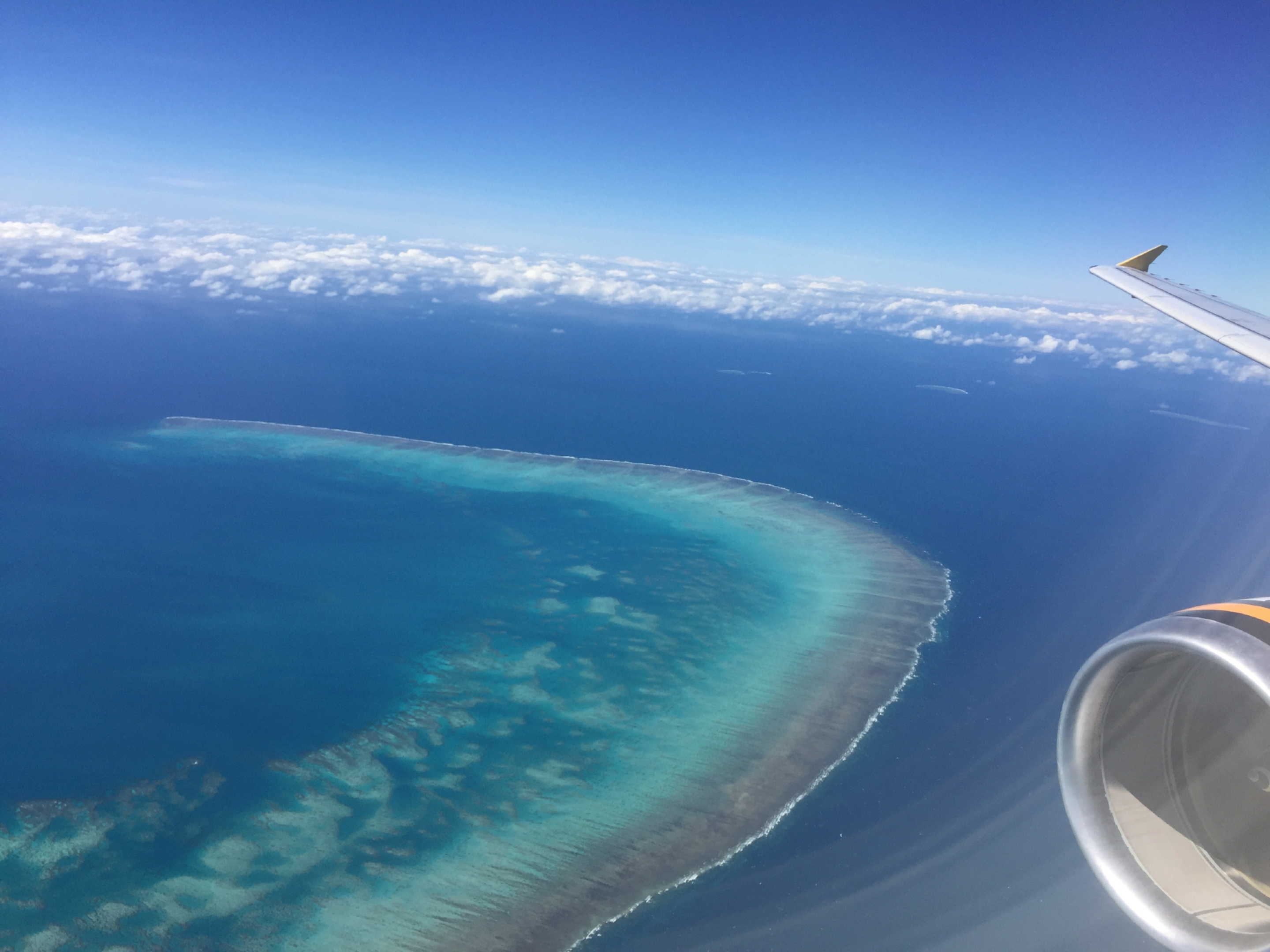 Robin flying into Cairns over the Great Barrier Reef.