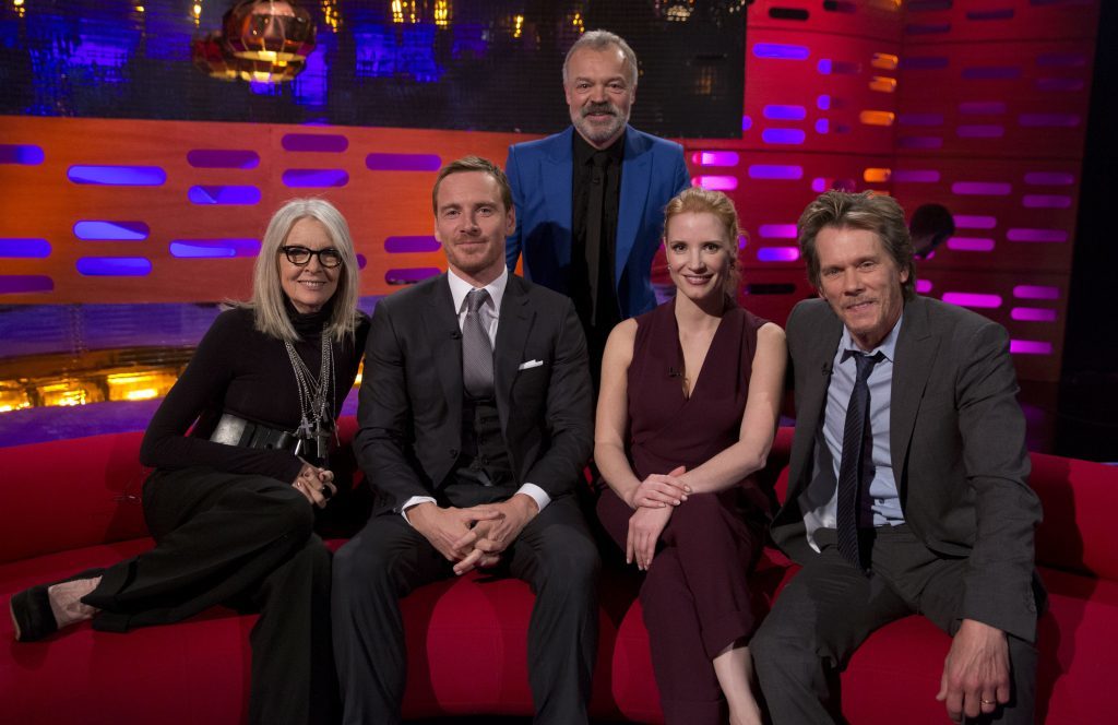 (left to right) Diane Keaton, Michael Fassbender, Graham Norton, Jessica Chastain and Kevin Bacon during the filming of the Graham Norton Show at The London Studios, to be aired on BBC One on Friday. PRESS ASSOCIATION Photo. Picture date: Thursday May 4, 2017. See PA story SHOWBIZ Keaton. Photo credit should read: PA Images on behalf of So TV.