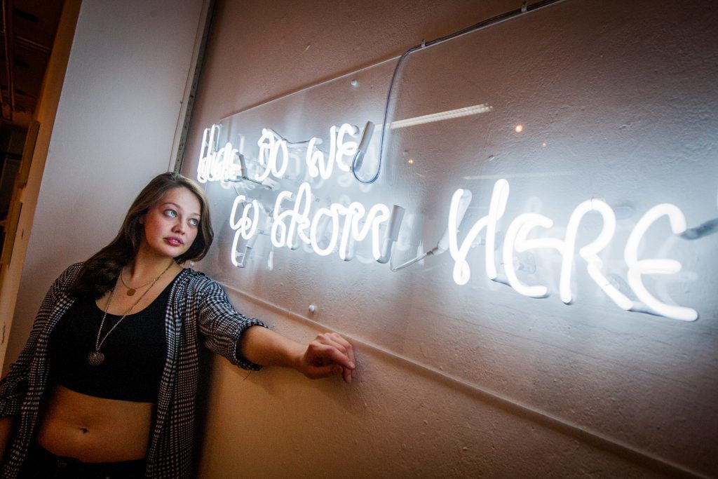 Picture shows Mhairi Anton (aged 23 from Springfield, Fife) and her work 'Where do we go from here?'