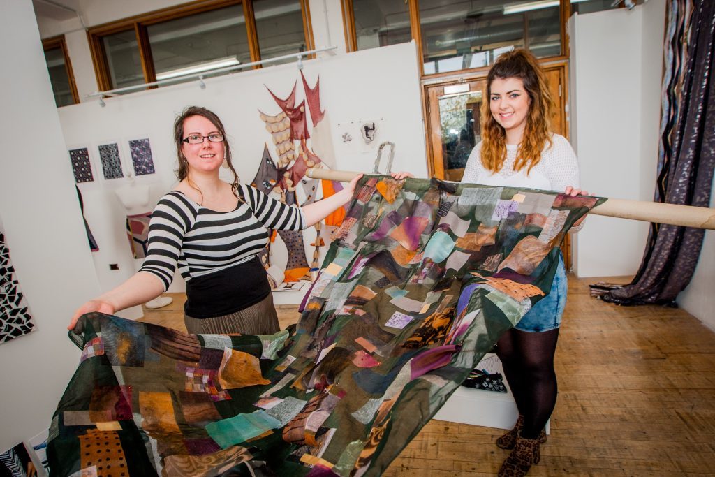 Picture shows Geraldine Donnelly (left, aged 24 from Paisley) and Aimee Keatch (aged 22 from Dundee) with work from the Textile exhibition.