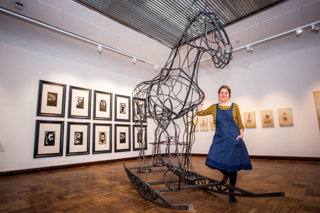 Picture shows Ulrika Kjeldsen (from Aland Islands, Finland) and her piece 'Clydesdale Rocking Horse'.