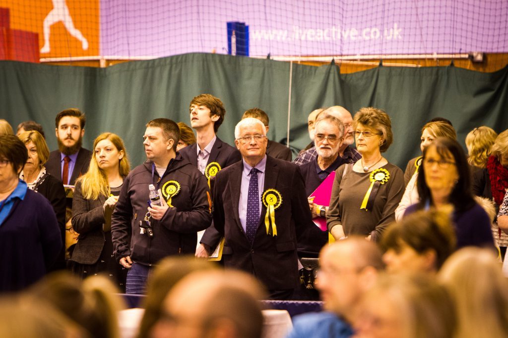 John Kellas (SNP) centre, at this year's election count.
