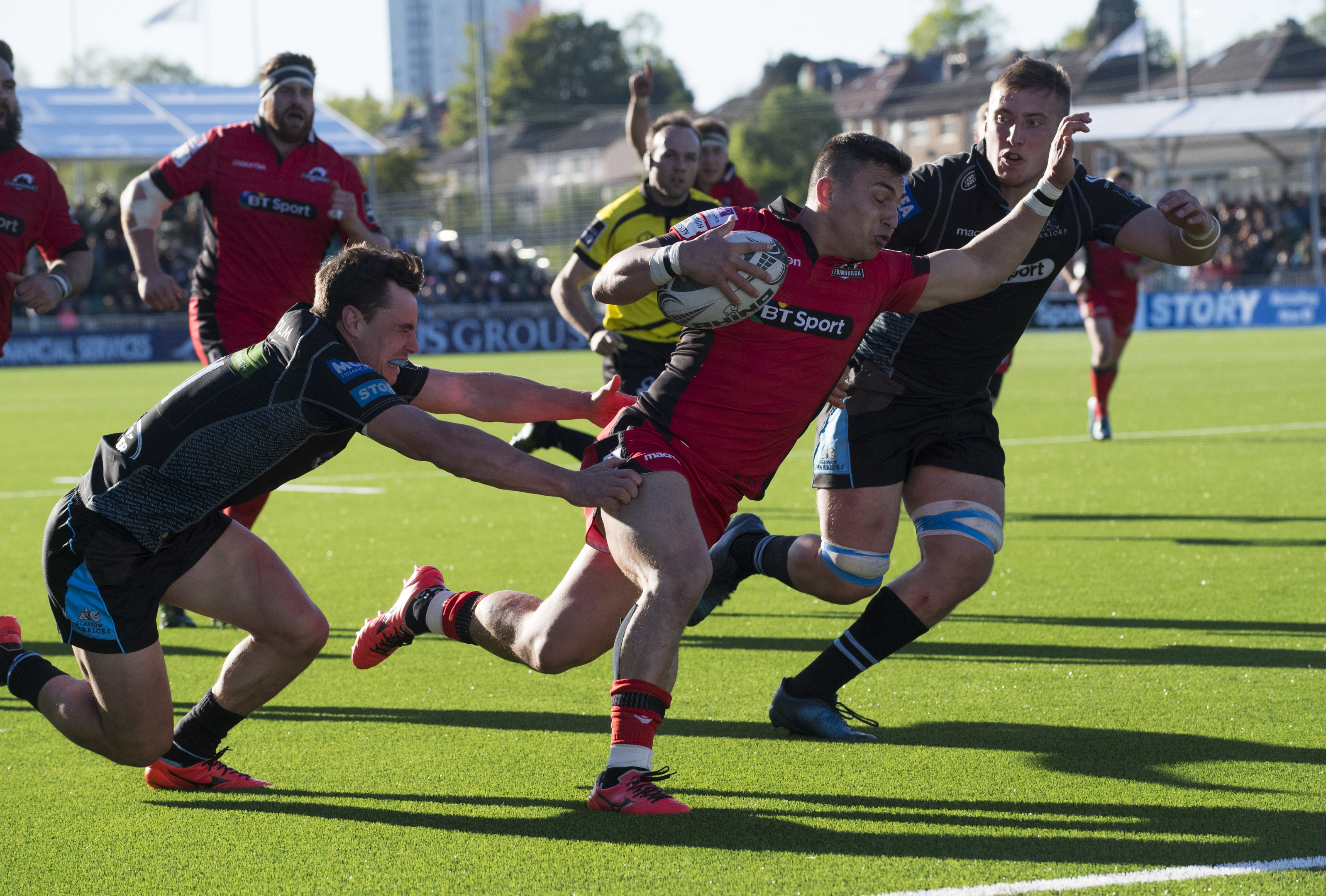 Damien Hoyland goes in for Edinburgh's first try at Scotstoun.