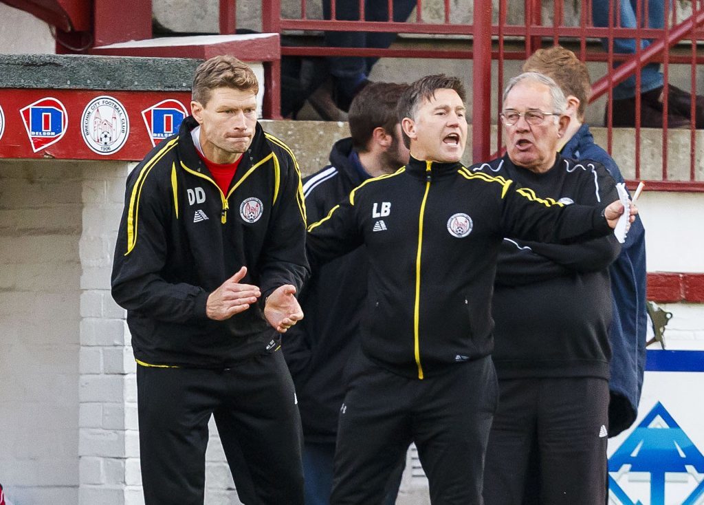 Brechin manager Darren Dods (left) encourages his side from the touchline.