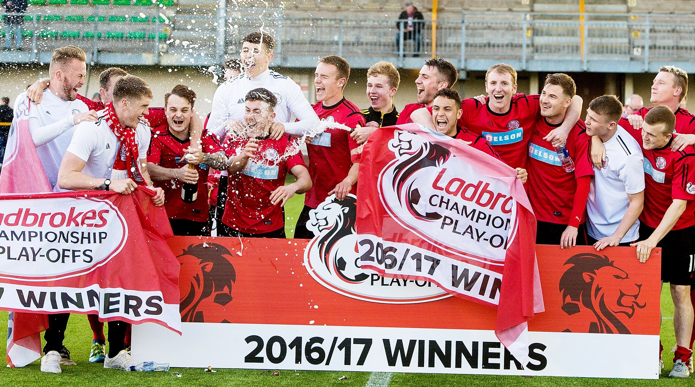 Brechin celebrate at full-time as they are promoted to the Ladbrokes Championship.